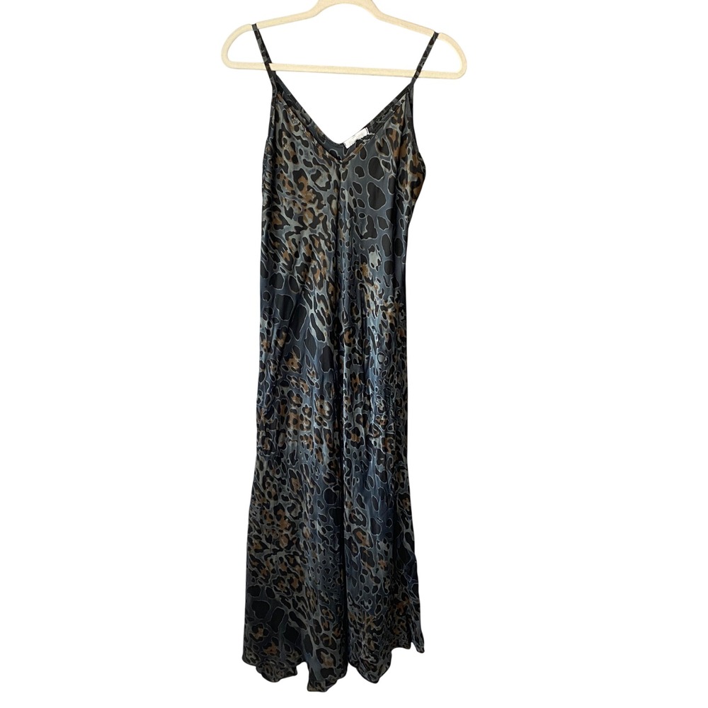 Milio Milano Women Animal Print Slip Dress Grey Blue V-Neck Maxi Spaghetti Strap
